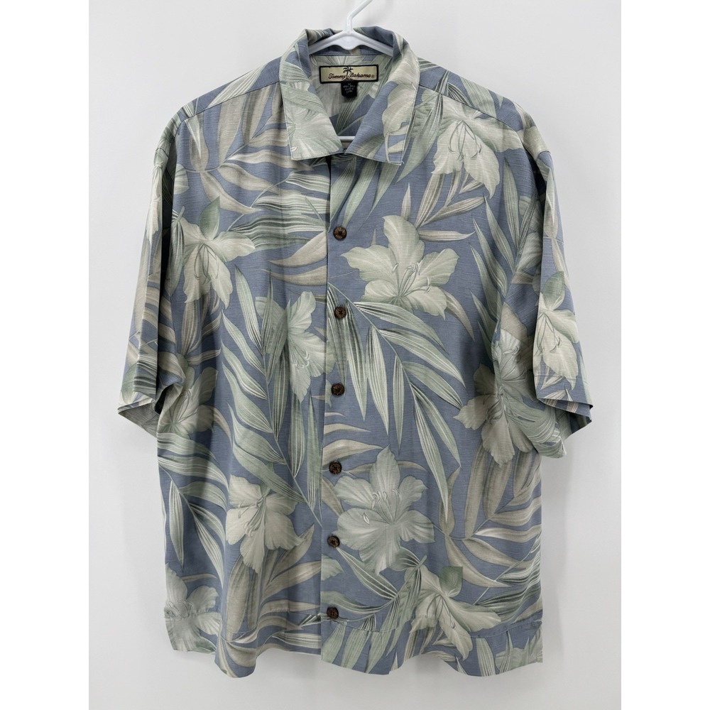 Tommy Bahama Mens Size Medium Blue Yellow Floral Pineapple Silk Hawaiian Shirt
